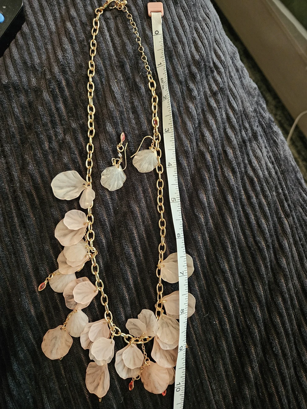 Gold Chain Necklace and Earring Set with Light Pink Petal Drops
